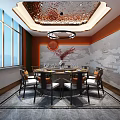 Elegant Private Dining Room With Round Table Chairs Large Windows And Decorative Ceiling 3d model