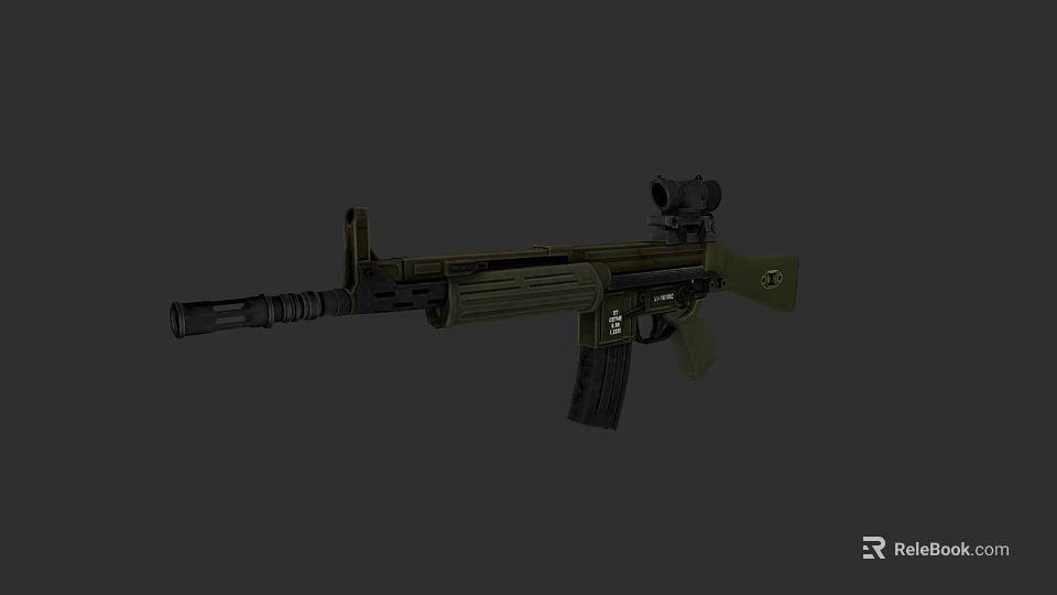 Military Green Tactical Rifle with Scope and Silencer Firearm Design 3d model 