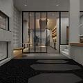 Modern Café Interior Design With Stone Countertop Wooden Shelves Hanging Lights And Wine Bottles