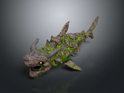 Mythical Shark Like Game Movie Character With Stone Texture Green Moss Spikes And Horns 3d model