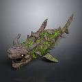 Mythical Shark Like Game Movie Character With Stone Texture Green Moss Spikes And Horns