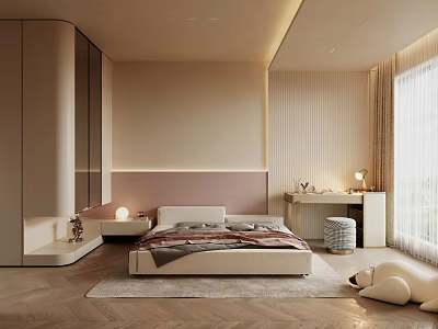 Modern Bedroom Interior with Beige Pink Headboard Glass Wardrobe Desk Lamp Wooden Floor and Accent Chair 3d model