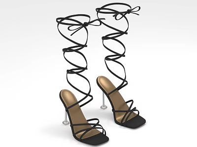Women's Black Strappy High Heel Shoes Featuring Stiletto Heel Open Toe And Golden Sole 3d model