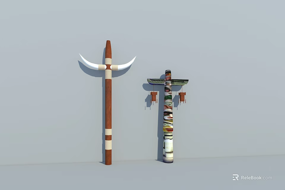 Decorative Totem Poles With Wooden Structure Colorful Patterns And Hanging Elements 3d model