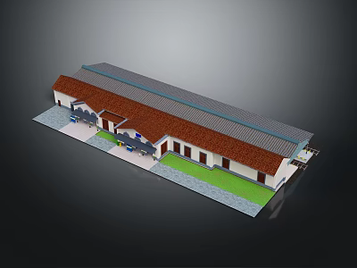 Traditional Building With Red Tile Roof Connected Sections Green Lawn And Gray Paved Ground 3d model