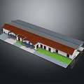 Traditional Building With Red Tile Roof Connected Sections Green Lawn And Gray Paved Ground