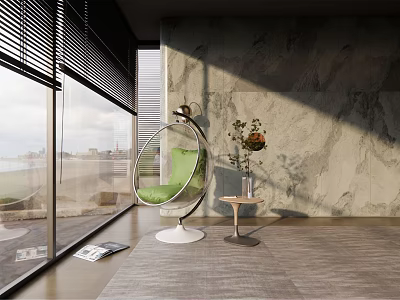 Green Round Hanging Chair in Modern Interior by Window with City View and Plants 3d model