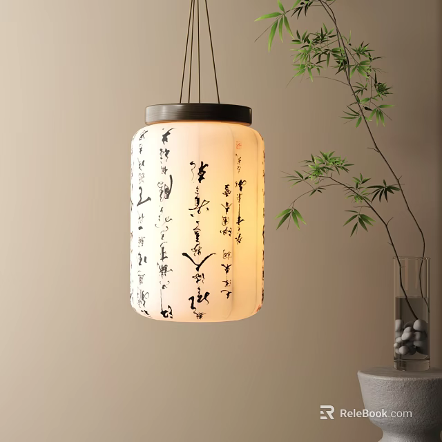 Traditional Chinese Lantern With Calligraphy And Bamboo Next To Stone Filled Glass Vase 3d model 