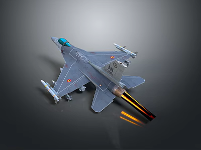 Gray Fighter Jet Model With Blue Canopy Missiles Under Wings And Tail Flame 3d model