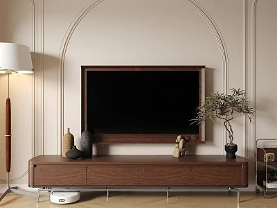 Walnut TV Stand with Black TV Decorations Small Plant and Floor Lamp on Paneled Wall 3d model