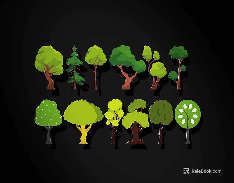 Various Types of Tree Illustrations With Different Shapes and Colors 3d model 