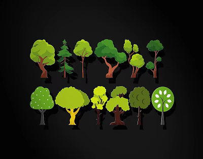 Various Types of Tree Illustrations With Different Shapes and Colors 3d model