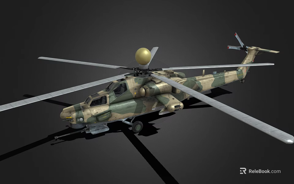 Military Helicopter With Camouflage Paint And Large Rotors Featuring Golden Dome On Upper Fuselage 3d model 