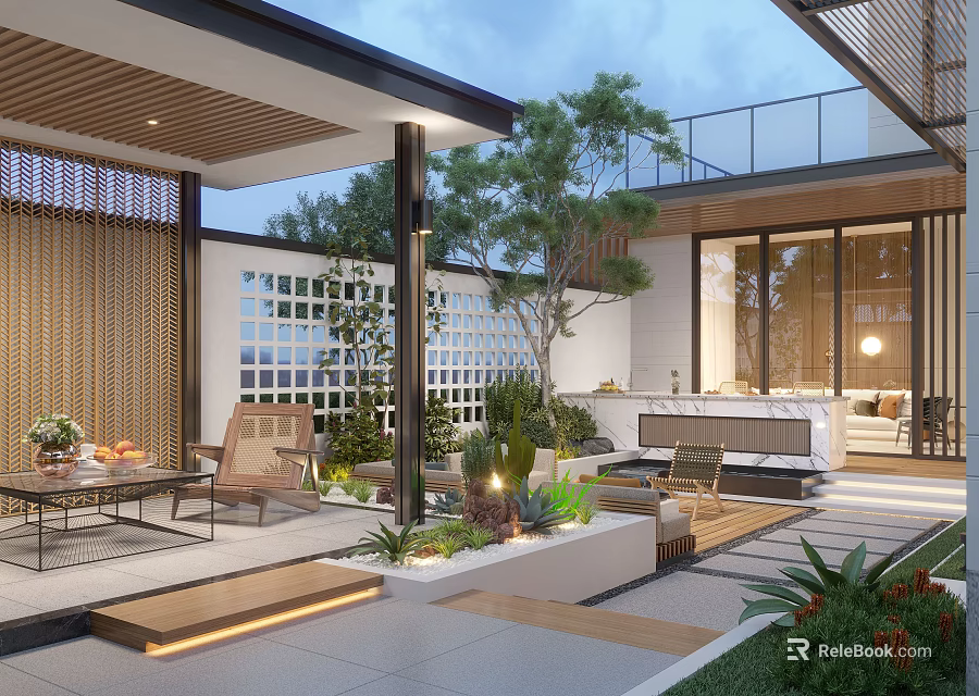 Modern Courtyard Garden Design With Outdoor Furniture Green Plants Lighting And Stone Paving 3d model 