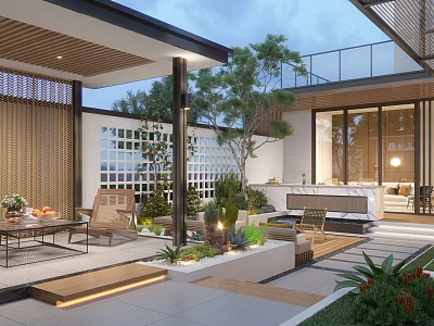 Modern Courtyard Garden Design With Outdoor Furniture Green Plants Lighting And Stone Paving 3d model