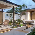 Modern Courtyard Garden Design With Outdoor Furniture Green Plants Lighting And Stone Paving