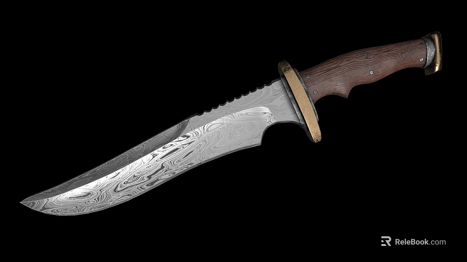 Handmade Decorative Knife With Patterned Blade Wooden Handle And Brass Guard 3d model 