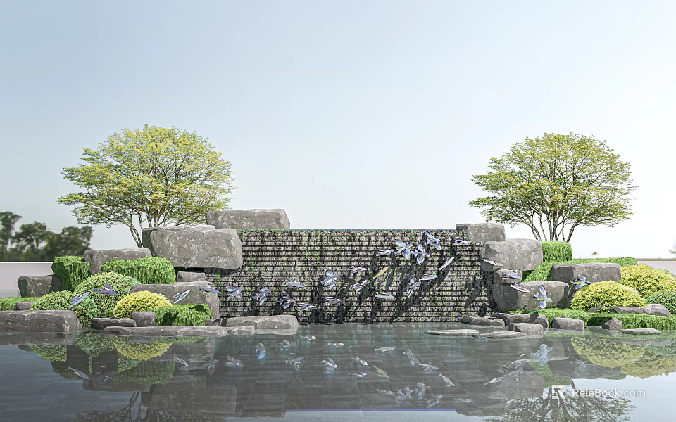 Garden Ornament Design Featuring Stone Wall Water Flow Trees Rocks And Reflection 3d model