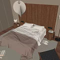 Double Bed With Wooden Headboard Beige Bedding Nightstands And Floor Lamp In Modern Bedroom