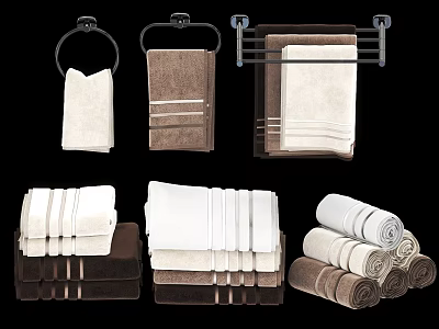 Assorted White and Brown Folded Hanging Towels with Wall Mounted Racks 3d model