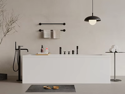 Modern Minimalist Free Standing White Bathtub With Black Faucet Towel Rack And Bath Products 3d model