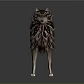 3D Rendered Wolf Standing Pose With Unique Fur Pattern Red Black Accents On Dark Background