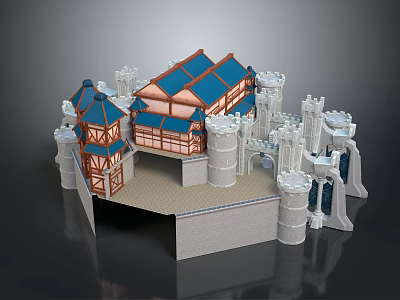 Medieval Castle Architecture with Blue Roofs White Towers and Wooden Structures Detailed Design 3d model