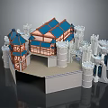 Medieval Castle Architecture with Blue Roofs White Towers and Wooden Structures Detailed Design