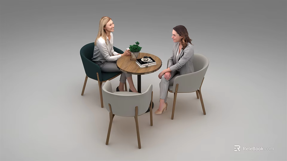 Modern Round Table with Four Green Gray Chairs Wooden Legs Office Meeting Setting 3d model 