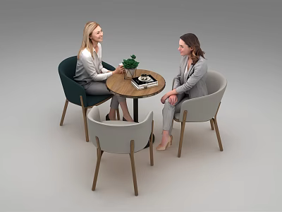Modern Round Table with Four Green Gray Chairs Wooden Legs Office Meeting Setting 3d model