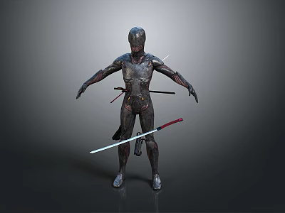 Metallic Robot Figure With Red And White Lightsabers Standing On Gray Background 3d model