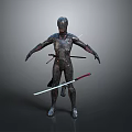 Metallic Robot Figure With Red And White Lightsabers Standing On Gray Background