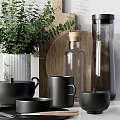 Elegant Modern Tableware Set With Stainless Steel Containers Black Mugs And Eucalyptus Greenery