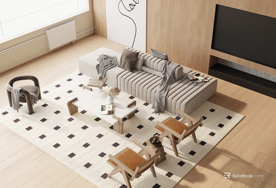 Modern Fabric Sofa And Wooden Coffee Table Set With Patterned Rug And Decorative Pillows 3d model 