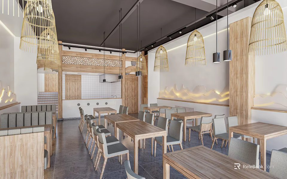 Modern Restaurant Interior With Wooden Tables Chairs And Hanging Woven Pendant Lights 3d model 