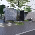 Modern Entrance Gate Design With Stone Facade Glass Panels Trees Steps And Greenery