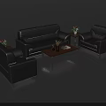 Modern Black Leather Sofa And Coffee Table Set With Single Armchairs And Decorative Plants 3d model