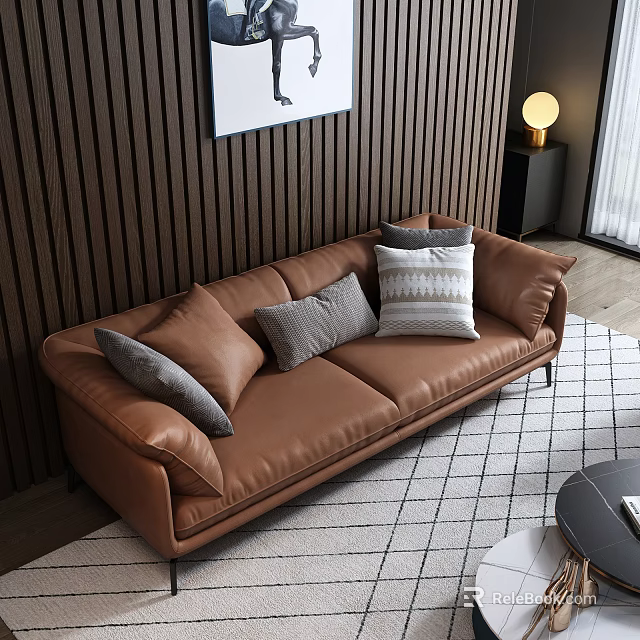 Modern Brown Leather Two-seater Sofa With Pillows In Wooden Wall Living Room 3d model 