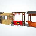Traditional Chinese Street Stalls Featuring Wooden Structures Canopies Red Lanterns And Seating