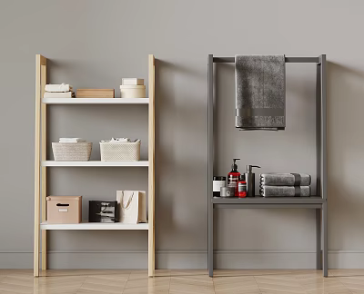 Bathroom Storage Shelves Wooden and Metal with Baskets Boxes Towels and Toiletries 3d model