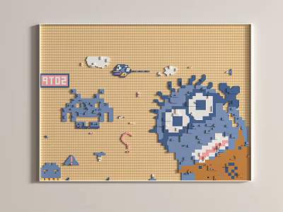 Pixel Art Background Wall With Blue Monsters Clouds And TITLE Text Design 3d model