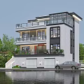 Modern Detached Villa Exterior Three Story Design With Balconies Garage And Waterfront Greenery