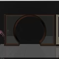 Modern Mall Shop Interior Featuring Circular Wooden Frame Pink Potted Plant And Vertical Text Decorative Panel