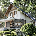 Detached Villa Exterior Featuring Gabled Roof Lush Trees Driveway Black Car And Natural Surroundings