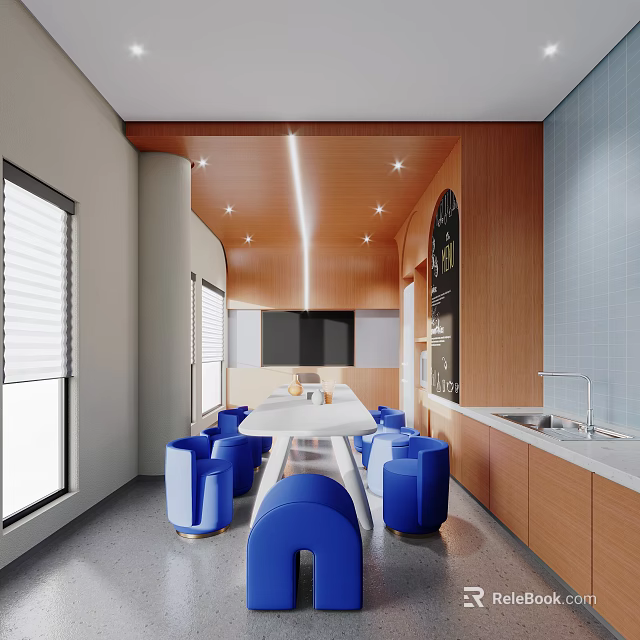 Modern Multipurpose Space With Blue Chairs Long Table Wooden Cabinets And TV Screen 3d model 