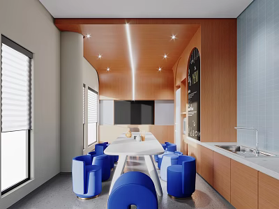 Modern Multipurpose Space With Blue Chairs Long Table Wooden Cabinets And TV Screen 3d model
