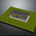 Small Wooden House With Dark Roof Chimney And Windows On Grass Lawn Concrete Foundation