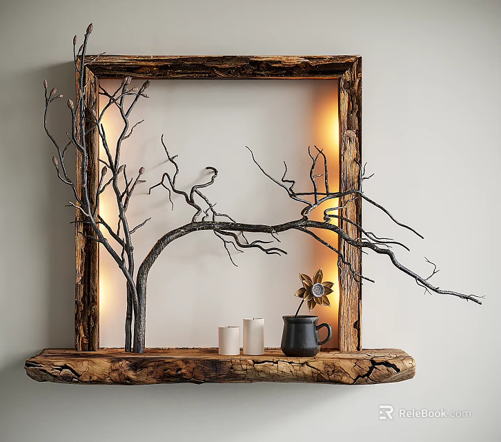 Wooden Frame Wall Decor with Twig Design Warm Lighting Wooden Shelf Candles Black Jar Flower 3d model 