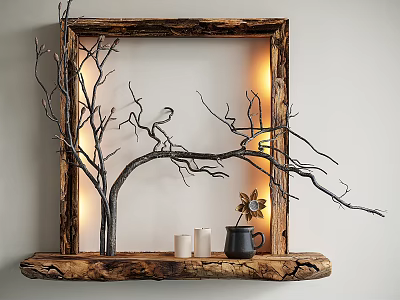 Wooden Frame Wall Decor with Twig Design Warm Lighting Wooden Shelf Candles Black Jar Flower 3d model