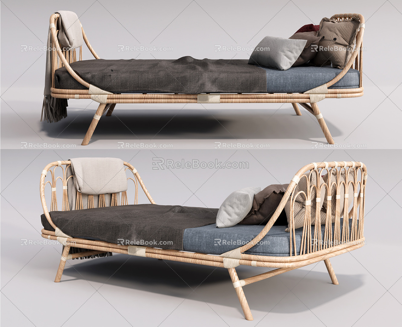 Nordic Single Bed Children's Bed Rattan Single Bed Double Sofa Bed End Stool 3d model